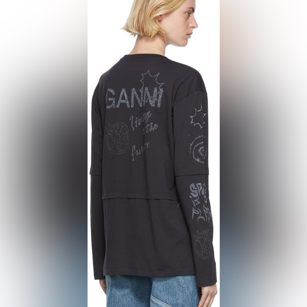 GANNI Black Space Graphic long sleeve tee, small